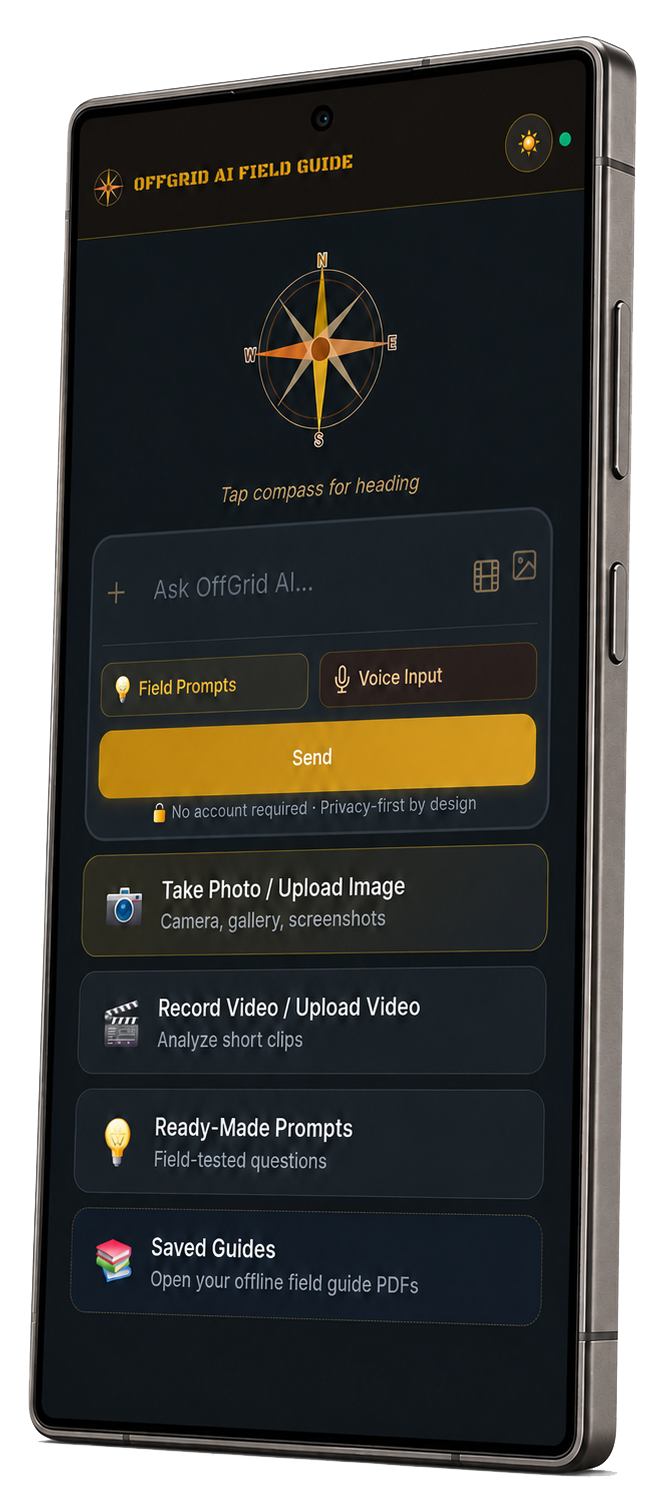 OffGrid AI Field Guide shown on an angled Android phone