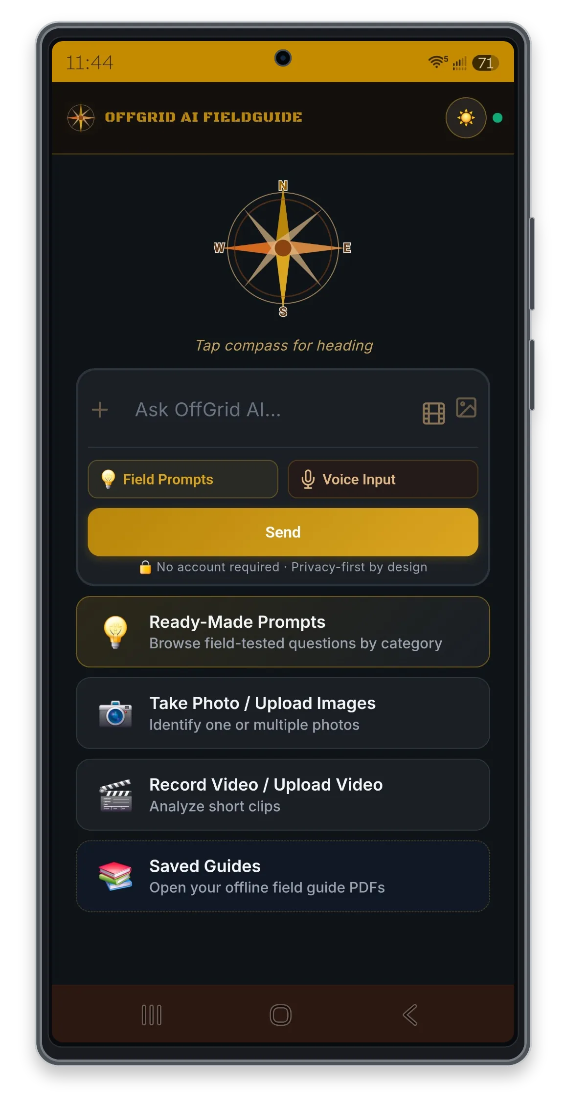 OffGrid AI FieldGuide home screen with Field Prompts, photo, video, and Saved Guides actions