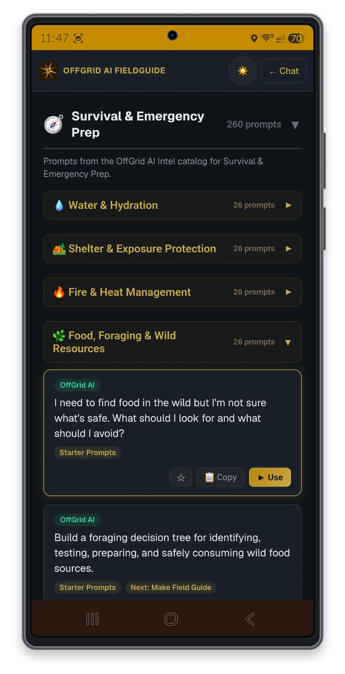 Ready-Made Prompts screen in OffGrid AI FieldGuide
