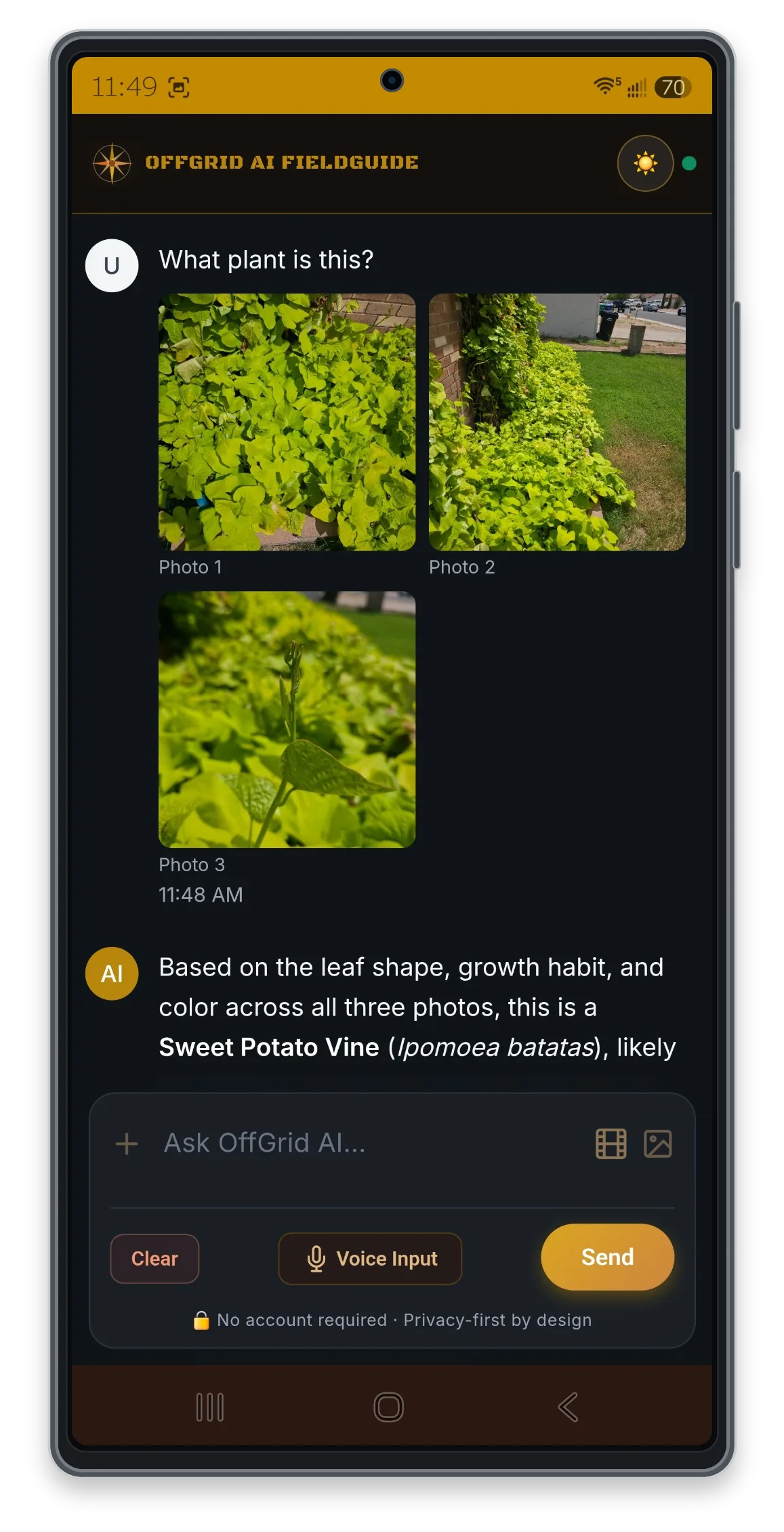 OffGrid AI FieldGuide comparing three photos of a plant