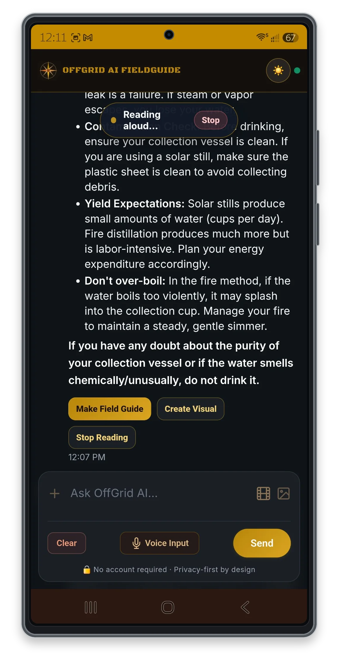 Read Aloud controls in OffGrid AI FieldGuide