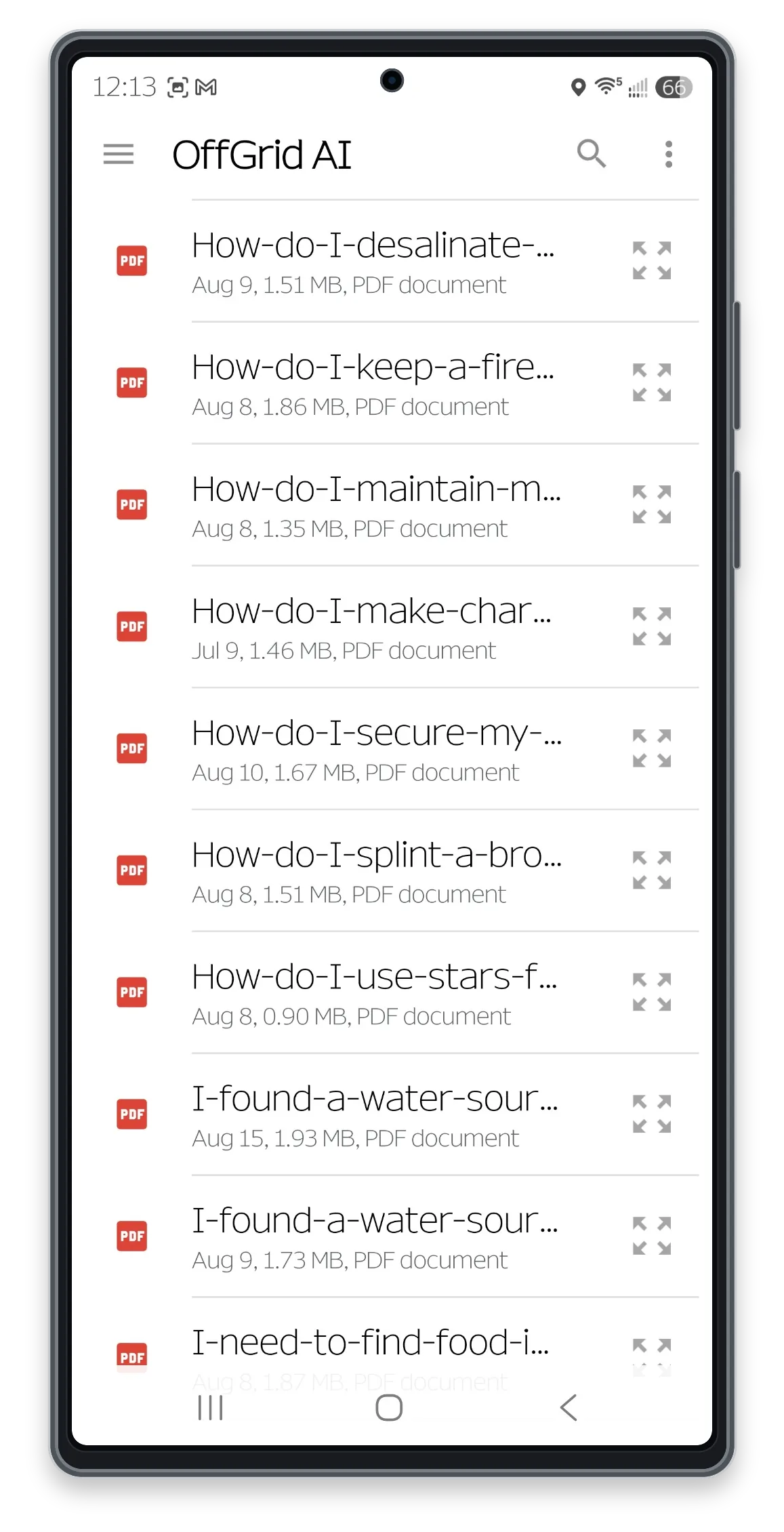 Previously saved OffGrid AI FieldGuide PDF files on an Android phone