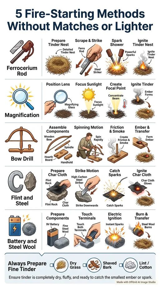 Visual Field Guide showing five ways to start a fire without matches or a lighter