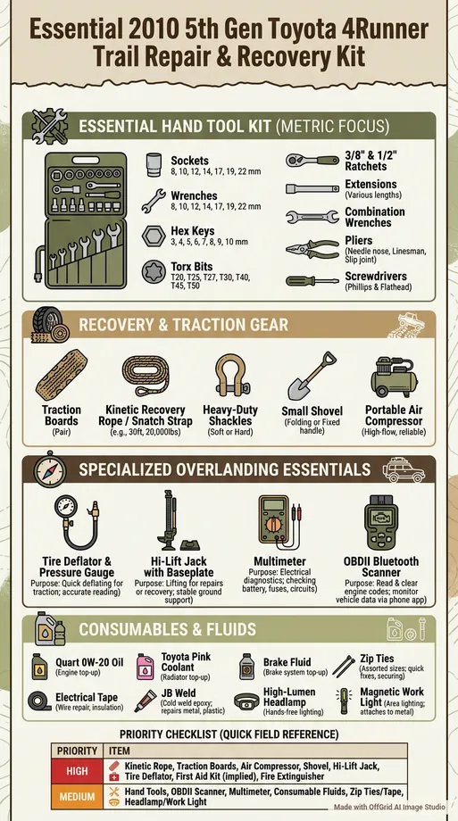 Visual Field Guide for a Toyota 4Runner trail repair and recovery kit